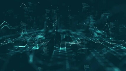 Leinwandbilder - Digital data technology concept, cyber security, internet networking. Slow moving polygon binary code connected on a dark green background.