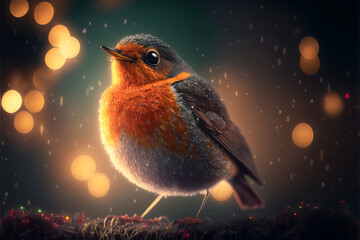 Wall Mural - Festive robin bird with bokeh fairylights. Generative Ai