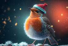Festive Robin Bird Wearing A Red Christmas Santa Hat. Generative Ai