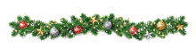Christmas Holiday Decoration. Fir Tree Garland, Divider. Gold And Red Glitter Ornaments. Sparkling Balls, Stars And Ribbons.