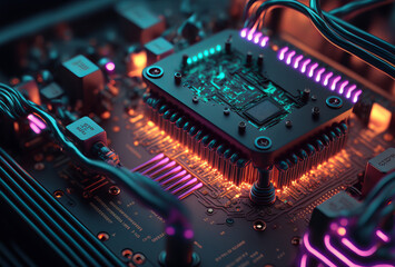 Close up of a computer circuit board with neon lights. Generative ai