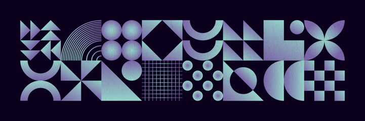 Brutalist style futuristic pattern with gradient geometric shapes, random forms and grain. Abstract vector background with simple figures for graphic design, web art, invitation card, poster, print