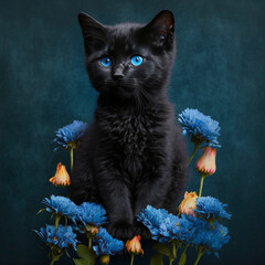 Gorgeous black cat kitten surrounded by blue flowers, digital art