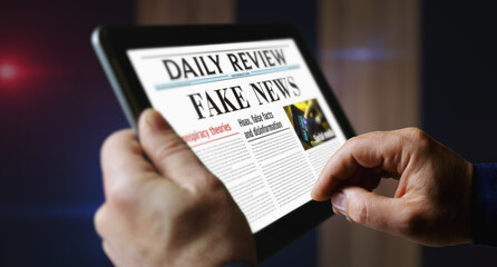 Poster - Fake news and disinformation newspaper on mobile tablet screen