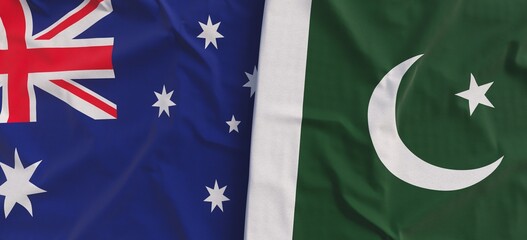 Flags of Australia and Pakistan. Linen flag close-up. Flag made of canvas. Australian, Canberra, Sydney. Islamabad, Asia. State symbol. 3d illustration.