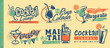 © lukeruk - Cocktails and drinks set of creative banners and labels with popular alcoholic beverages. Cafe bar or cocktail lounge logos and signs collections. Vector illustrations of drinks and fruits glasses.