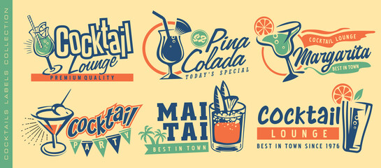 cocktails and drinks set of creative banners and labels with popular alcoholic beverages. cafe bar o
