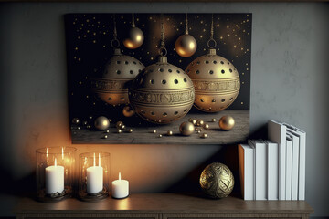 Wall Mural - Beautiful majestic antique toy Christmas tree balls. Festive jewelry made of precious metals.Evening holiday lights of Christmas and New Year. Antique patterns on metal balls. AI