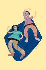 Wall Mural - Vertical collage picture of two excited positive girls drawing body enjoy dancing isolated on painted background