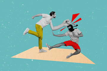 Sticker - Creative collage picture of two black white colors guys fighting jumping isolated on painted background