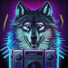 Wall Mural - Cool neon party wolfwith boombox. Generative AI. Not based on any