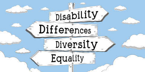 Disability, differences, diversity, equality - outline signpost with four arrows