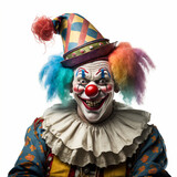 Generative AI technology crazy creepy disturbing clown laughing on white background.