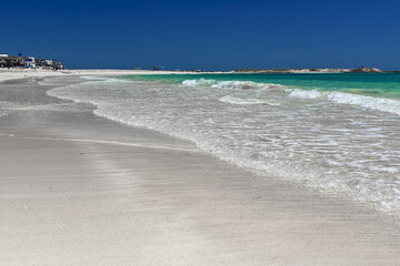 Wonderful view of the lagoon, seashore, white sand beach and blue sea. Djerba Island, Tunisia