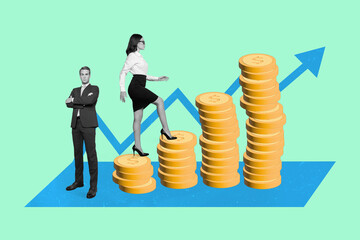 Poster - Photo collage cartoon comics sketch picture of confident worker lady walking coins pile isolated drawing background