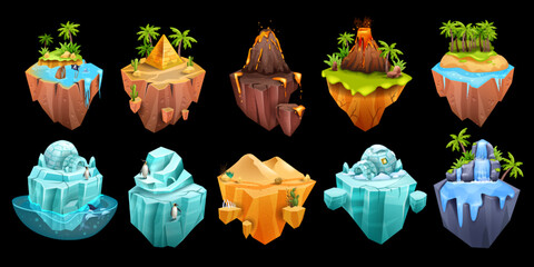 Game island, vector iceberg, volcano, isometric desert Egypt pyramid, 3D floating land, jungle palm. Flying platform waterfall, penguin, summer tropical scene sand dune. Exotic nature game island kit