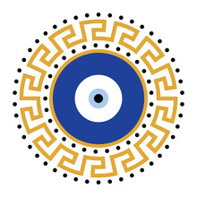 Greek Meander Turkish Evil Eye. Mandala Greek Evil Eye. Symbol Of Protection In Turkey, Greese, Cyprus. Blue Turkish Fatima's Eye. Amulet From Evil Eye. Nazar. Magic Item, Attribute