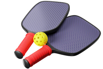 Wall Mural - A ball with holes for a pickleball and two paddle rackets on a  transparent background. 3d rendering