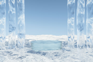 Wall Mural - abstact 3d render winter scene and natural podium background, podium on the ice ground with ice pole