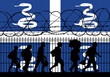 Flag of Martinique - Refugees near barbed wire fence. Migrants migrates to other countries.