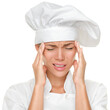 © Maridav - Chef headache and stress at work. Woman baker, chef or cook tired stressed and overworked with stress. Closeup of Asian Caucasian female isolated cutout PNG on transparent background.