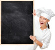 Chef showing blank menu sign blackboard. Woman Cook or baker looking happy and excited wearing chef uniform. Multicultural Asian Caucasian young chef isolated cutout PNG on transparent background.