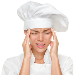 Chef headache and stress at work. Woman baker, chef or cook tired stressed and overworked with stress. Closeup of Asian Caucasian female isolated cutout PNG on transparent background.