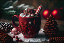 Christmas Still Life With Mulled Wine, Hot Chocolate In A Cup