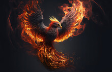 Illustration Of A Phoenix In Fire. Symbol Of Rebirth. Fenix With Burning Wings And Feathers. Firebird On Black Background. Generative AI