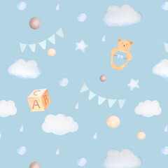  Watercolor seamless pattern with clouds, teething toy bear, cube, balls, flags, drops and stars in blue colors on blue background