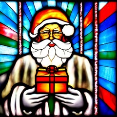 Wall Mural - Stained glass / vitrage Santa Clause with present box