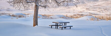 Picnic Table Covered By Fresh Snow At Foothills Of Rocky Mountain In Colorado, Panoramic Web Banner