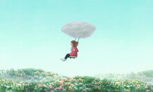 A Little Girl On A Cloud Swing. Concept Illustration Of Kid, Imagination, Dream, Freedom And Happiness. Surreal Painting Illustration Isolated On A White Background. Child Art. Artwork