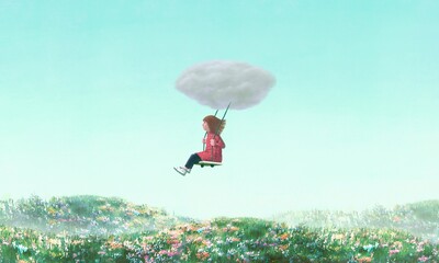 A little girl on a cloud swing. Concept illustration of kid, imagination, dream, freedom and happiness. surreal painting illustration isolated on a white background. child art. artwork