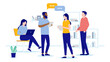 Office people discussion - Group of vector characters talking and having conversation at work with speech bubbles. Flat design illustration with white background