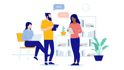 Poster - Casual people in office working on computers, having discussion and talking. Flat design vector illustration with white background