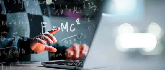 Fototapete - Concept of Online education. man use Online education training and e-learning webinar on internet for personal development and professional qualifications. Digital courses. Student with math formulas