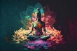 Woman Doing Yoga With Lotus Flowers And Chakra Gradient Colors - Spiritual Contemplation