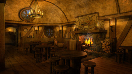 Poster - Medieval tavern inn bar with open fire burning in the evening with candlelight. 3D rendering.