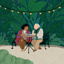 Vector Illustration Of Elderly Couple Drinking Coffee In Park Cafe