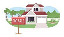 Private House Sale 2D Vector Isolated Illustration. Residential Buildings Flat Landscape On Cartoon Background. Colorful Editable Scene For Mobile, Website, Presentation. Bebas Neue Font Used