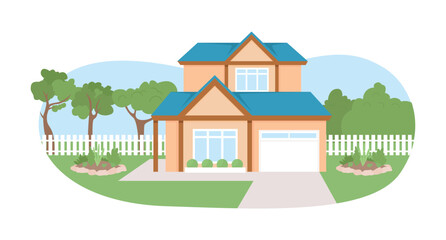 Private house 2D vector isolated illustration. Residential building exterior. Comfort home flat landscape on cartoon background. Colorful editable scene for mobile, website, presentation
