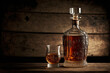 Glass of whiskey and decanter on dark wooden background. AI