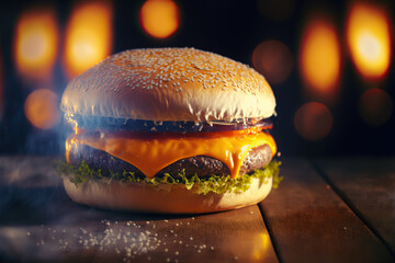 Beautiful cheeseburger closeup, blurry bokeh background. AI