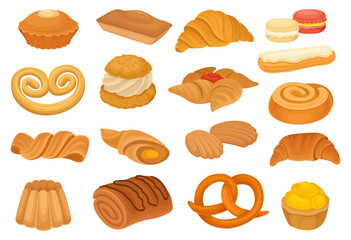 Wall Mural - French Bakery and Pastry of Wheat Dough Big Vector Set