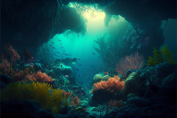 Wall Mural - Underwater world scene. Coral reef and sun ray shining through clean ocean water. (Created with Generative AI technology)