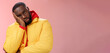 Annoyed bothered pissed african-american bearded man in yellow jacket facepalm look angry camera irritated lean head hand bored fed up pissed hearing uninteresting same stories, pink background