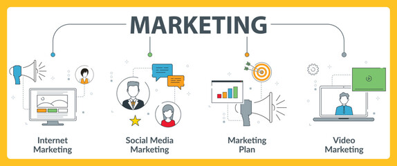 Wall Mural - thin line icon design with business marketing concept, social media marketing management and plannin