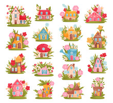 Fabulous Houses Surrounded By Grass And Flowers Big Vector Set