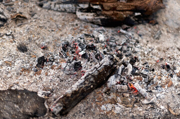 Close-up of the embers of a bonfire with abundant ash.